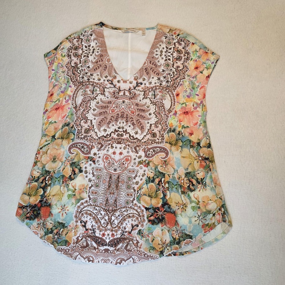 Soft Surroundings Shirt Womens Small Floral Paisley Beaded V Neck Lined Bat Wing